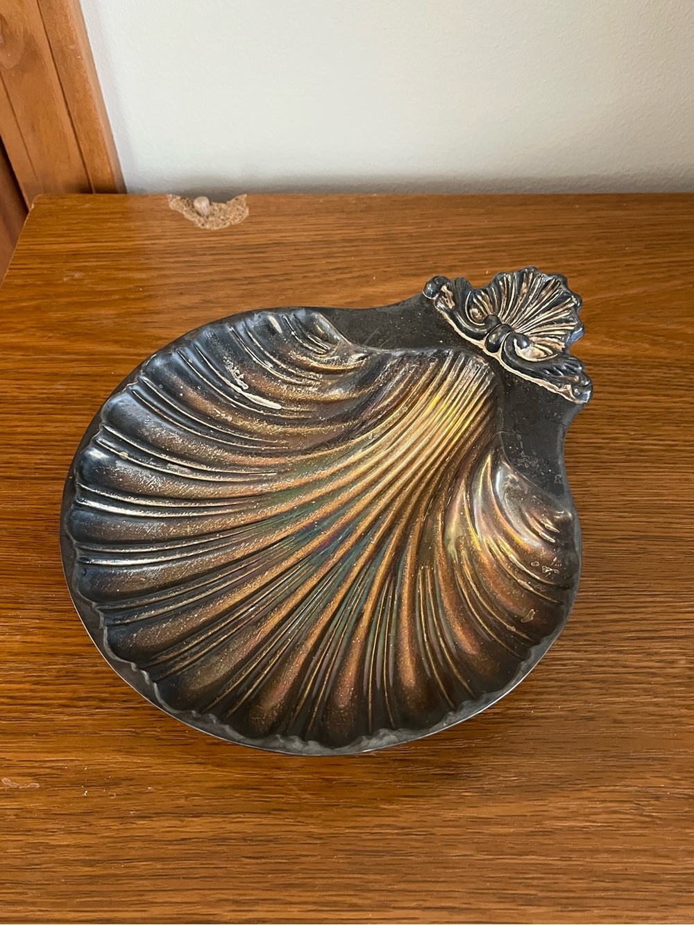 Vintage Silver-Plated with Patina Seashell Dish